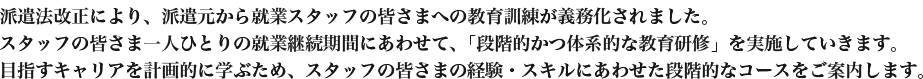 派遣法改正により、派遣元から就業スタッフの皆さまへの教育訓練が義務化されました。スタッフの皆さま一人ひとりの就業継続期間にあわせて、「段階的かつ体系的な教育研修」を実施していきます。目指すキャリアを計画的に学ぶため、スタッフの皆さまの経験・スキルにあわせた段階的なコースをご案内します。